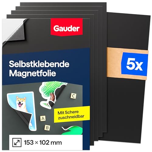 GAUDER Magnetfolie selbstklebend stark - Magnetische Folie zuschneidbar für Fotos Basteln & Stanzschablonen - Magnetplatte selbstklebend - Magnetmatte für Haushalt & Schule (5 Stück - 153 x 102 mm)