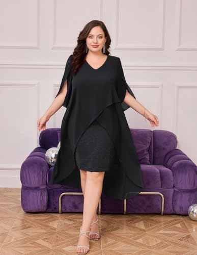 Hanna Nikole Womens Plus Size Chiffon Cocktail Dress Ruffle 3/4 Sleeve Wedding Guest Party Dresses with High Low Hem - Image 4