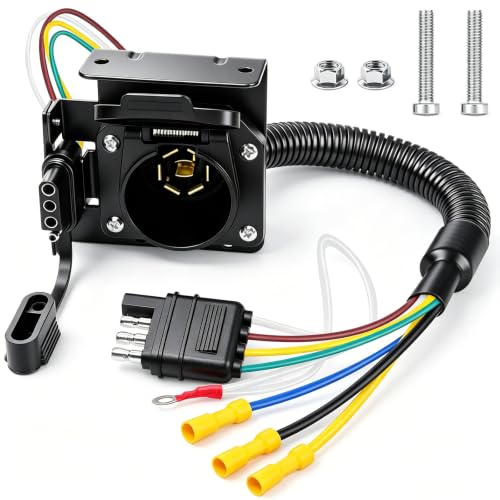 Image of 4 Way Flat to 7 Way Blade and 4 Pin Flat Trailer Wiring Adapter,7 pin Trailer Connector,Truck Trailer Plug,Dual-Output 7 and 4 Trailer Light Connector with Mounting Bracket for Truck RV