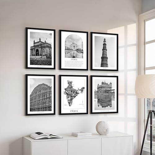 Image of PAINTINGMANTRA Framed Painting A3 Indian Gallery Wall Art Prints Pack of 6, Framed Poster Heritage Wall D cor, Historic Monuments, Vintage Photography, for Living Room Bedroom Decoration (32x44 cm)