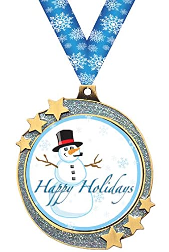 Crown Awards Happy Holidays Silver Glitter Award Medals, 2.5" Gold Shooting Star Snowman Trophies, 1 Pack
