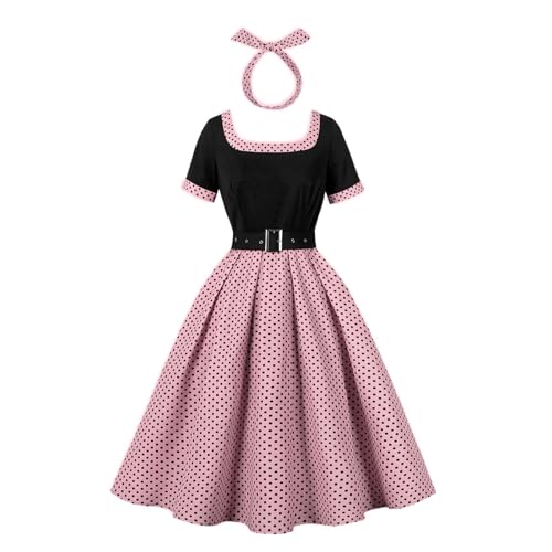 50s Style Dresses for Women Vintage Short Sleeve Swing Dress 1950s Dresses Polka Dot Retro Audrey Hepburn Flamenco Church Tea Party Dress Rockabilly Clothes for Women Dark Pink Black L