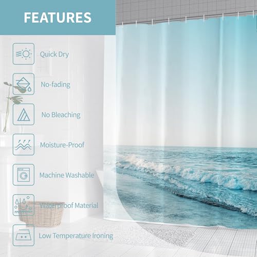Visioun Ocean Beach Coastal Seaside Shower Curtain for Bathroom 72W*72H Inch Nautical Summer Seacoast Beachy Waves Bathtub Decor Seascape Neutral Waterproof Polyester Fabric Set with 12 Hooks by Visioun - Image 5