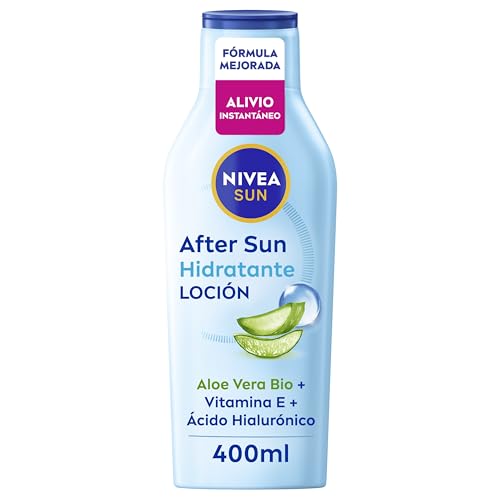 NIVEA SUN After Sun Loción Corporal Hidratante y Calmante 48h - 400 ml - Aloe Vera Bio, Vitamina E y Ácido Hialurónico - Alivio Instantáneo - Fórmula No Grasa - Rápida Absorción - Todo Tipo de Piel