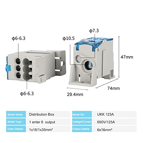Caja de conexiones UKK125A con conector universal y 6 salidas para carril DIN 6