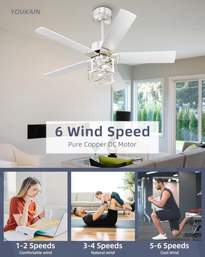Image of YOUKAIN 42 Inch Ceiling Fans, Farmhouse Ceiling Fans with Lights and Remote, 5-Reversible Blades with Gray Oak /Brushed Nickel Finish, 42-YJ632-BNW