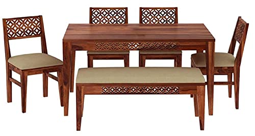 Image of Solid Wood 6 Seater Dining Room Sets || Wooden Dining Table with Chairs and Bench|| Dining Table Set for Home Living Room Furniture (CNC with Bench, 6 Seater)