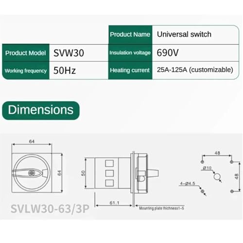 Selector de desconexión 690V panel con candado e interruptor SVW30 4P 7