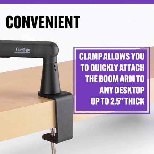 Image of On-Stage MBS-LP1 Low-Profile Broadcast Boom Arm - Adjustable Mic Stand with 5 /8 inch Thread, Cable Management, C-Clamp & Flange Mount - Quiet Hinges, 360 Swivel for Podcasting & Streaming