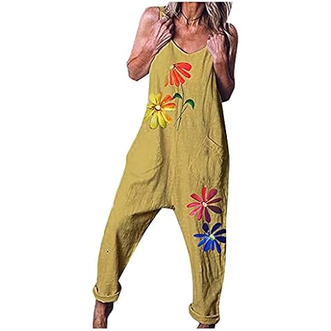 Binggong Women's Dungarees Casual Straps Retro Floral Print Oversize Loose Trousers Size Baggy Jumpsuit Linen Look Summer Trousers Casual Overalls Work Trousers Casual Trousers with Pockets Cover