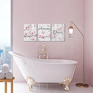 Visual Art Decor Amazing Grace Quote Gift Canvas Prints Wall Art Elegant Pink Magnolia Flowers with Butterfly Painting Rustic Grey Farmhouse Wooden Background Picture for Living Room Bedroom Bathroom