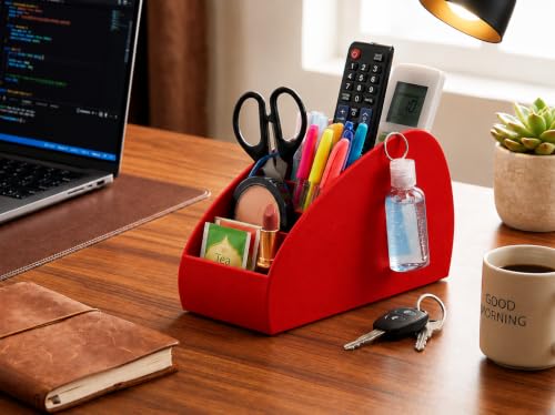 Image of Gaura Labs Remote Control Holder, Durable Storage Caddy for TV /AC Remotes, Reading Glasses & Office Supplies, Space-Saving Organizer for Nightstand, Office Desk, Living Room (Red)