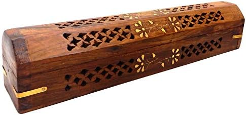 PMK Wooden Hand Carved Coffin Incense Burner Brass Inlays & Storage Incense Holder, Incense Stick Stand, Stick Holder, Incense Burners | Handmade | (12 x 2.5 Inch)