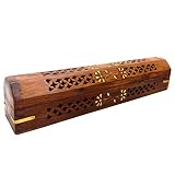 PMK Wooden Hand Carved Coffin Incense Burner Brass Inlays & Storage Incense Holder, Incense Stick St