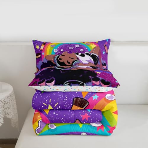 Image of Erosebridal Black Girls Comforter Set Magical African American Queen Bedding Set Rainbow Afro Pretty Girls Comforter Love Music Purple Girl Duvet Insert for Teens Kids Princess Cute Room Decor