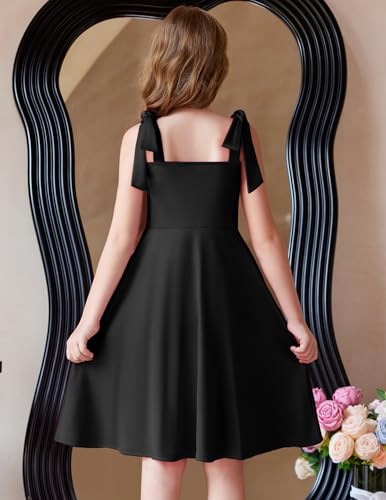 Arshiner Girls Summer Dress Tie Strap Sleeveless Solid Color Square Neck Party Dresses 6-11 Y3