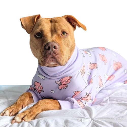 Spark Paws Dog Pajama, Dog Recovery Suit Male, Onesie, Ultra-Soft and 4-Way Stretch, for Small Medium and Large Breeds - When Pigs Fly - Purple - 3XL