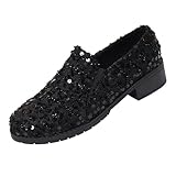 ZPLMIDE Elegant Women's Slip-On Loafers with Sequin, Black Glitter Slip-On Shoes with Chunky Heel Dress Shoes for Party Wedding (Black,7)