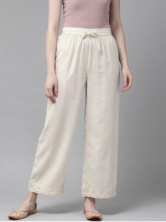 Image of Women's Off-White Wide Leg Palazzo Pants with Elastic Drawstring Waist, Lace Hem, Cotton Blend - Flowy Boho Lounge Trousers, Casual Summer Pants, Loose Fit Beach Yoga Pants