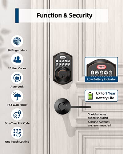 TEEHO TE002L Fingerprint Door Lock with 2 Lever Handles, Keyless Entry Deadbolt with Handle Set, Electronic Keypad Deadbolt for Front Door, Auto Lock and 1 Touch Locking, Oil Rubbed Bronze - image 4