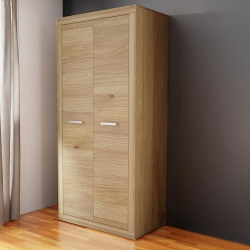 Forte BACCIO Mehrzweckschrank 90, moderner Kleiderschrank, schmal, 2-türig, Holzwerkstoff, Mauvella Eiche Holzdekor, 91,5 cm breit x 197,1 cm hoch x 53,7 cm tief