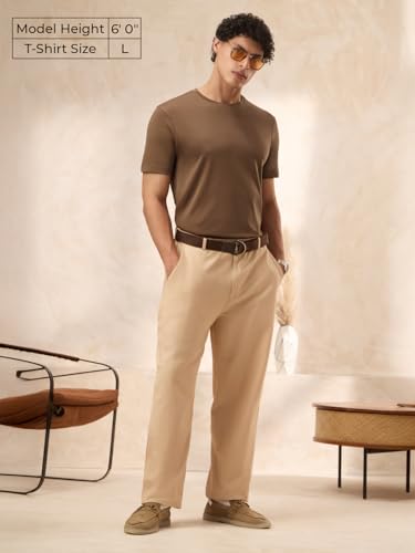 Image of The Souled Store Supima: Dusky Mocha Men and Boys Short Sleeves Round Neck Solid Regular Fit Lightweight Breathable Durable Everyday Comfortable Supima Cotton T-Shirt