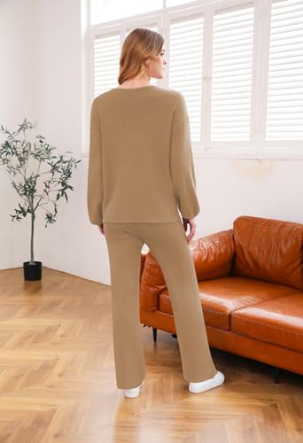 Pink Queen Damen Übergroßes Jogginganzug V-Ausschnitt Lange Ärmel Trainingsanzug Homewear Zweiteiler Set Outfit Khaki M