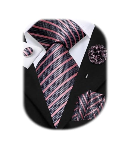 Image of Hi-Tie Men Silk Ties Set with Flower Lapel Pin Necktie Pocket Square Cufflinks for Tuxedo Wedding Business
