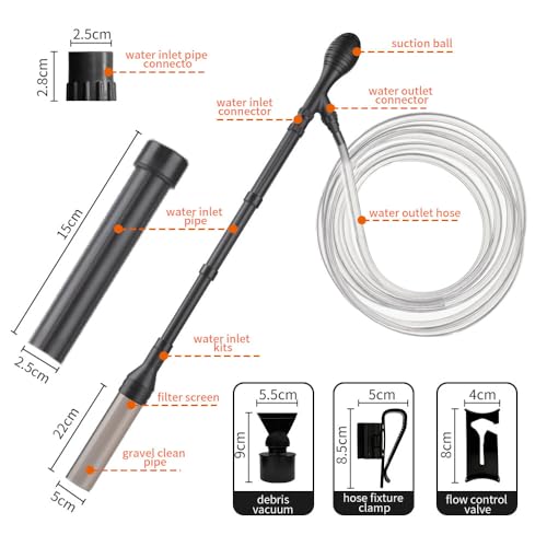 Large Gravel Vacuum for Aquarium, Adjustable Length Manual 256GPH Aquarium Gravel Cleaners, Low Water Level Fish Tank Water Changer with Suction Ball, Use for Fish Tank Cleaning Gravel and Sand — view 6