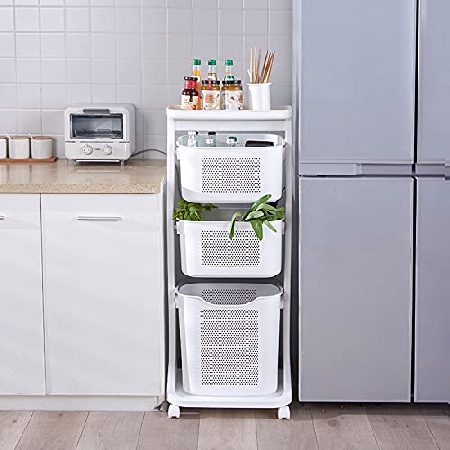 3-Portable Basket Rolling Cart With Top Shelf | Rolling Laundry Cart | Storage Organizer, White #TOP1