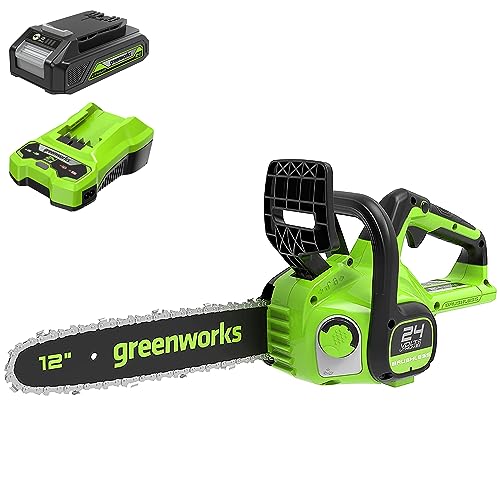 Greenworks Akku Kettensäge mit 24V 2Ah Akku und Ladegerät, bürstenlosem Motor, 30 cm Blattlänge, 7,8 m/s Kettengeschwindigkeit, automatisches Öl-System, Rückschlagschutz