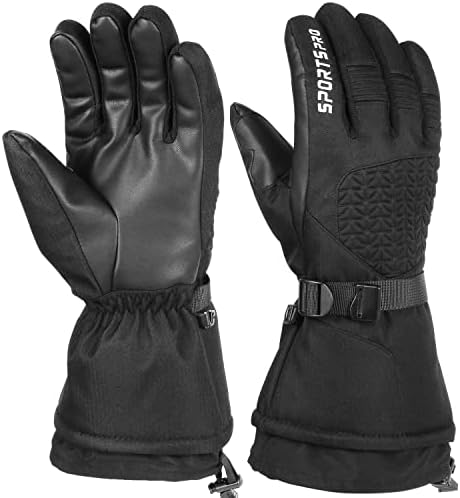 Thinsulate Mens Ski Gloves, Waterproof Insulated Cold Weather Snow Winter Gloves with Touchscreen PU Leather Palm for Men Snowmobile Skiing Snowboard Sledding Outdoor Sports (Black Leather, L)