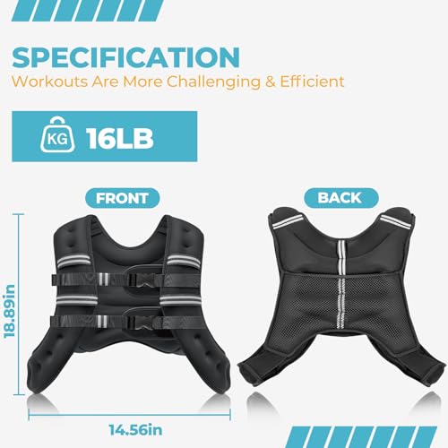 Weighted Vest, 8lb/12lb/16lb/20lb Weight Vest with Reflective Stripes for Men Women, Two Adjustment Straps for Workout, Strength Training, Running, Fitness, Muscle Building, Weight Loss (16lb)
