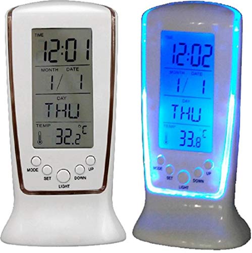 Image of skyzone Plastic Digital Square Alarm Clock Temperature Calendar Table Desk Clock with LCD Display and Back Light (White)
