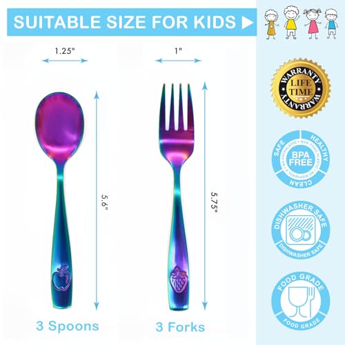 CHILLOUT LIFE Stainless Steel Kids Silverware Set 6 Pieces - Child and Toddler Safe Flatware - Kids Utensil Set - Metal Kids Cutlery Set (Includes 3 Small Kids Spoons & Kids 3 Forks, UV Rainbow)