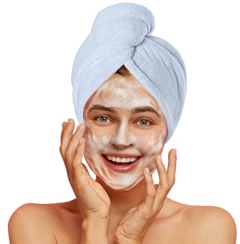 Sackei Hair Drying Towel Microfiber Hair Towel Wrap With Solid Button, 9.5 Inch X 26 Inch Supersoft No Dripping Hair Turban For Wet Hair Drying Hair Anti Frizz For Kids And Women (1Pcs Blue) #TOP30