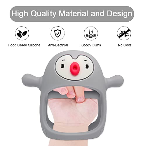 Smily Mia Teething Toys for Babies 0-6 Months, Silicone Never-Drop Penguin Teethers for Babies, Hand Pacifier for Sucking Babies, Best Toy for Teething Baby, Teething Mitten for New Born, Grey - Thumbnail 5