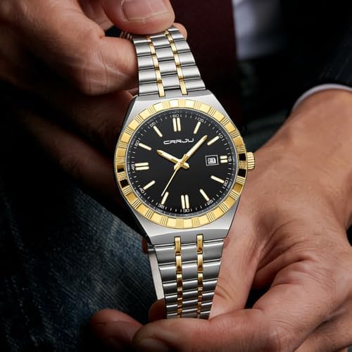 CRRJU Men Silver Golden Watches,Casual Simple Waterproof Quartz Watch