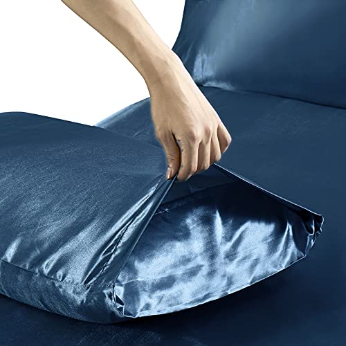 Image of Ersmak 7 Pieces Satin Sheets Set California King Size, Luxury Silky Navy Blue Satin Bed Sheets Set with 1 Deep Pocket Fitted Sheet, 1 Soft Flat Sheet, 4 King Pillowcases and 1 Body Pillowcase