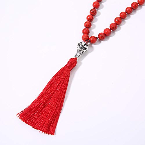 Balibali 108 Mala Beads Necklace Semi-Precious Gem Stones Meditation Necklace 108 Hand Knotted Japa Mala Beaded Tassel Necklace With Tree Of Life Pendant (Red Turquoise) #TOP3