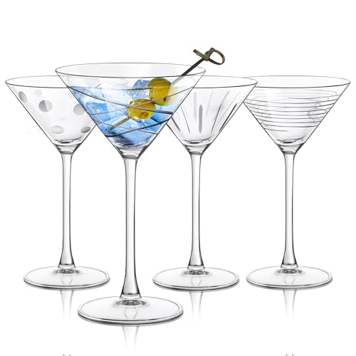 Joeyan 320ml Copas de Martini Grabadas, Juego de 4 Copas de Cóctel de Cristal Soplado a Mano, Copas de Gin Tonic para Espresso Martini, Cosmopolitan y Gimlet,Navideñas Regalos, Apto para lavavajillas