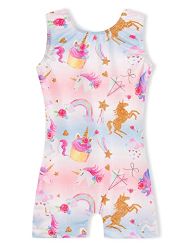 Domusgo Gymnastics Leotards for Girls Size 4t 5t Shiny Rainbow Unicorn One Piece Biketard with Shorts