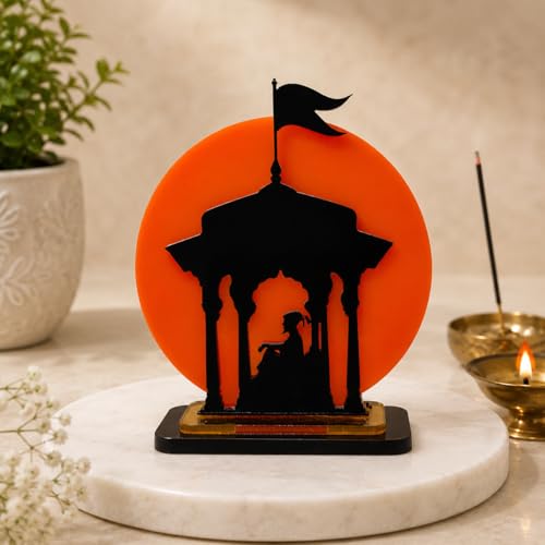 Image of Chatrapati Shivaji Maharaj Acrylic Idol | Decorative Table Showpiece with Orange Background & Silhouette Design | Car, Home, Office & Gift Decor, 3.5 Inch