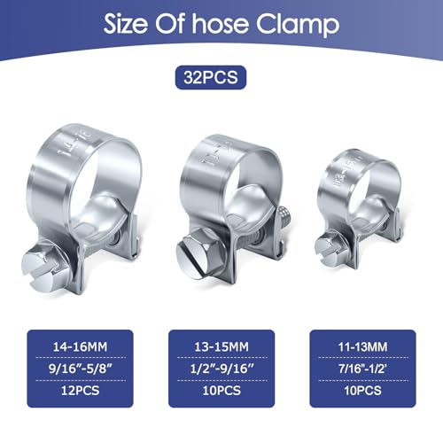 32pcs Fuel Injection Hose Clamps Kit - 1/4inch 5/16inch 3/8inch Fuel Line Clamps for Automotive Diesel Petrol Pipe Hose Clamps Assortment