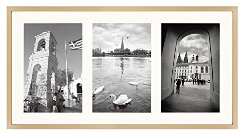 8.5x16.3 Gold Frame - Ivory Mat for Three 5x7 Pictures - Aluminum Metal - Sawtooth Hangers- Swivel Tabs - Wall Mounting - Landscape/Portrait - Real Glass - Collage Frame