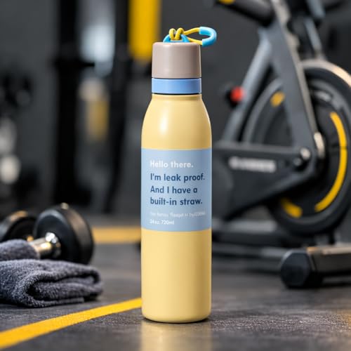 Image of Water Bottle for Office Use - Leak Proof Stainless Steel Bottle with Built-In Straw, 24oz, BPA Free, Easy Carry Loop, Durable for Daily Hydration (Light Yellow, 720 ML)