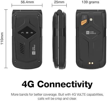 AGM M10 Rugged Basic Flip Phone, 4G Feature Cell Phone, Simple Mobile Phones, Pocket-sized, Waterproof & Drop-Proof, Speed Dial, SOS Button, 98dB Speaker, Large Fonts & Big Buttons, Dual SIM, FM Radio - 4