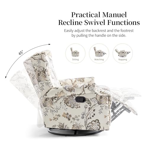 Image of Swivel Rocker Recliner Chairs Set of 2, 360 Swivel Wingback Recliner Chairs for Adults, Upholstered Printed Fabric Glider Rocking Chair with High Back, Deep Seat for Living Romm Bedroom, Plants Beige