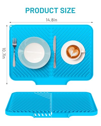 Dish Drying Mat Kitchen Counter - Silicone Dish Drying Pad with Built-in Drain for Sink, Refrigerator and Drawer Liner, Easy Clean, Non-Slip, Heat Resistant, 14.8\" x 10.7\"