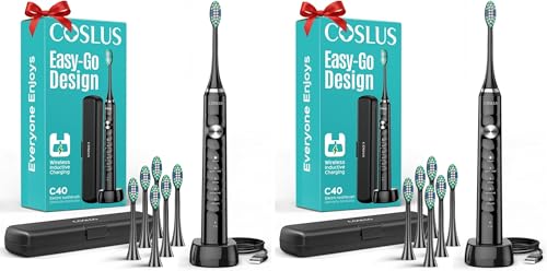 Image of COSLUS Sonic Electric Toothbrush for Adults C40(DY-108Pro):47000 VPM for Deep Cleaning with Travel Case Modes for Sensitive Teeth &Brace,Wireless Charging, 6 Brush Heads for Family, Black,(Pack of 2)